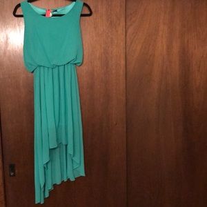 High low turquoise dress with slant on bottom